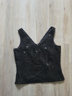New York & Company Black Sequin V-Neck Top Blouse